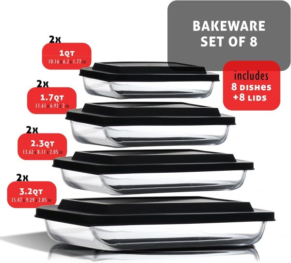 EATEX Glass Baking Dishes with Lids Oven Safe Set-8